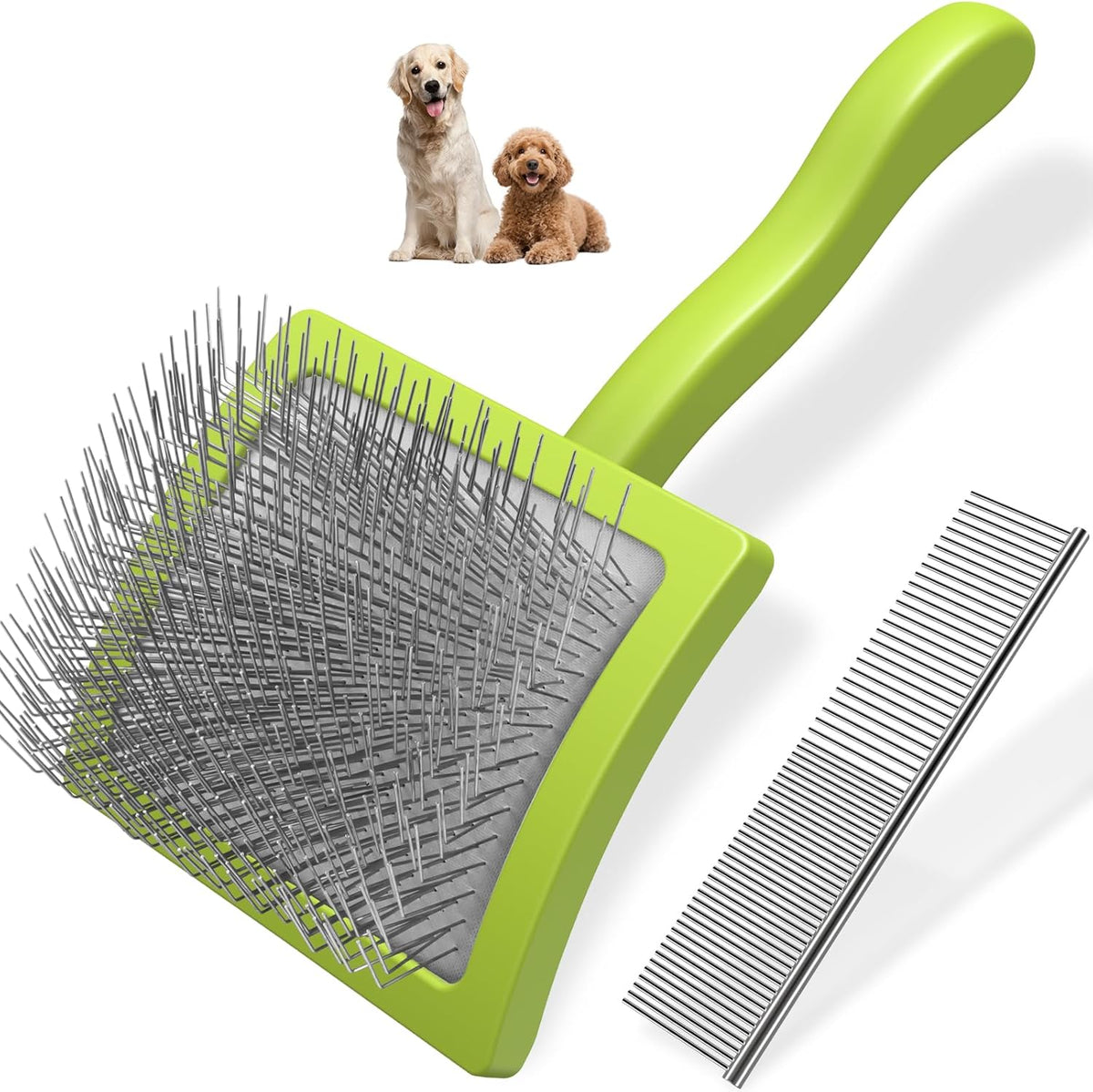 2PCS Slicker Brush for Dogs & Pet Comb,Professional Dog Grooming Brush (Goldendoodles,Poodles,Labradoodles) with Extra Long Pins to Effectively Remove Tangles, Knots and Mats (Green)