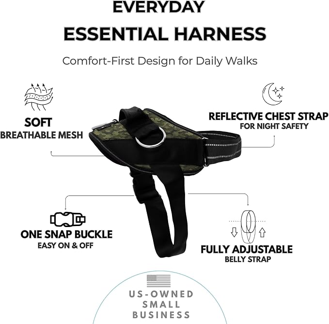 ShawnCo Essential Dog Harness, No-Pull Pet Vest (Military Camo,L) | 3 Leash Clips, Easy On, No-Choke, Reflective, Adjustable Fit, Padded Comfort, Control Handle, For Small, Medium & Large Dogs