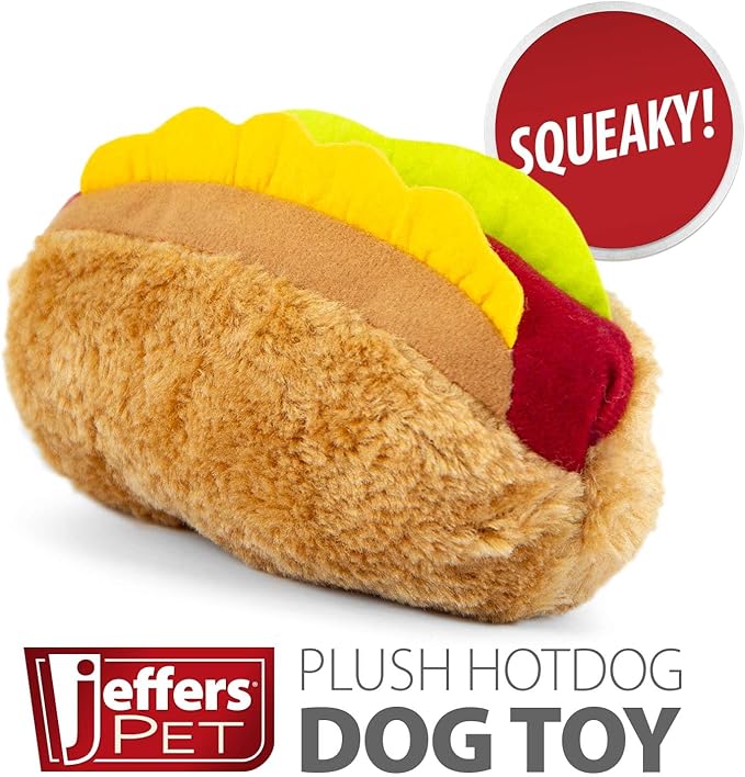 Jeffers Pet Plush Dog Toy with Squeaker, Hotdog 5 1/2" - Soft Crinkle Fabric, Safe & Durable, Healthy Fun for Small & Medium Dogs, Interactive Play, Fetch, Tug - Best Gift for Active Games
