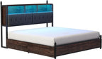 AMERLIFE King Size Bed Frame with Bookcase Headboard, 4 Storage Drawers, Wooden Platform Bed with Charging Station & LED Light, No Box Spring Needed, Noise-Free, Rustic Brown
