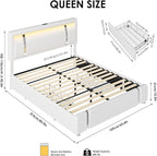 Keyluv Queen Bed Frame with RGB LED Lights Headboard & 2 Storage Drawers, Modern Upholstered Faux Leather Smart Platform Iron Metal Decor, USB USB-C Charging Ports, No Box Spring Needed, White