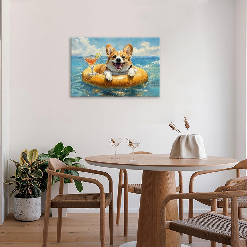 Ocean Funny Corgi Dog Pictures Wall Art, Bathroom Cute Dog Wall Decor Sea Coastal Framed Painting Beach Canvas Artwork for Bathroom Bedroom Living Room Decorations 24"L x 16"W