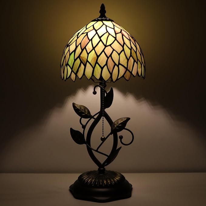 Small Tiffany Lamp Brown Green Leafage Style Stained Glass Table Lamps Desk Bedside Reading Light 8X8X18 Inches with Bronze Metal Leaf Resin Base
