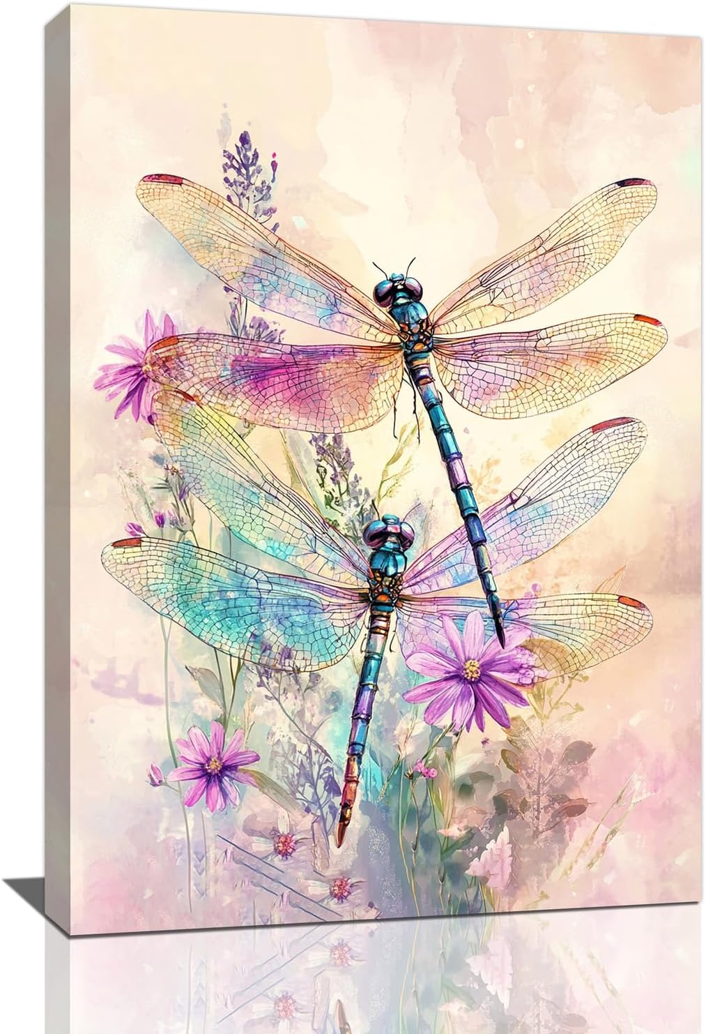 Dragonfly Bathroom Pictures Wall Art, Floral Bathroom Wall Decor, Framed Painting Canvas Artwork for Bedroom Living Room Decorations 24"L x 16"W