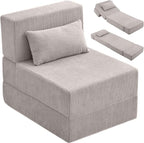 Folding Sofa Bed,Convertible Fold Out Couch,Portable Foldable Floor Mattress Sleeper Chair with Pillow,Adjustable Backrest Support,Lazy Sofa for Living Room,Single,Light Grey