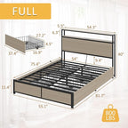 Lifezone Full Bed Frame with 2-Tier Storage Headboard, Metal Platform Bed Frame with 4 Storage Drawers, Built in Charging Station & LED, Noise-Free/Metal Support/No Box Spring Needed, Beige