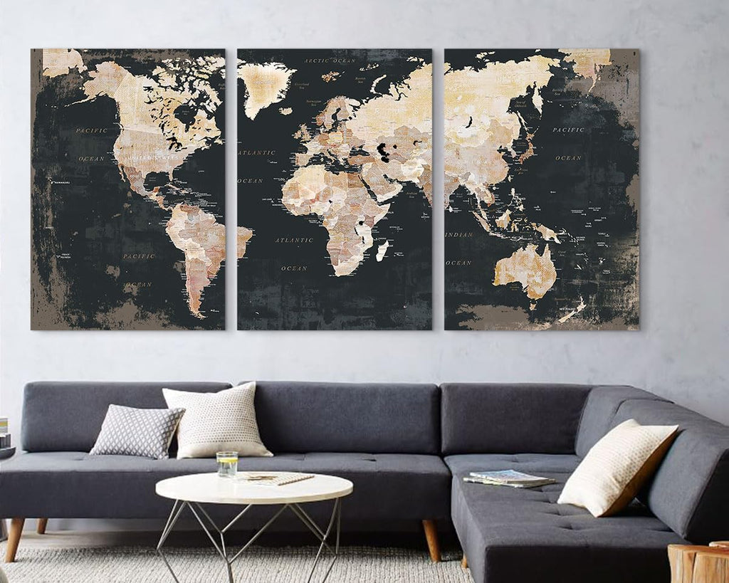 Living Room Wall Art Vintage Home Office Decor Extra Large Bedroom Wall Decor Black Pictures for Wall Decorations Map Paintings