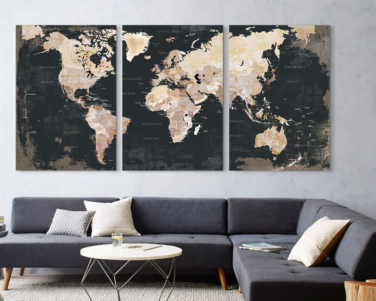 Living Room Wall Art Vintage Home Office Decor Extra Large Bedroom Wall Decor Black Pictures for Wall Decorations Map Paintings