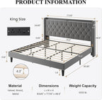 SHA CERLIN King Size Platform Bed Frame with Charging Station, Velvet Wingback Headboard with Storage Shelf, Wooden Slats Support, Ample Under-Bed Space, No Box Spring Needed, Easy Assembly, Grey