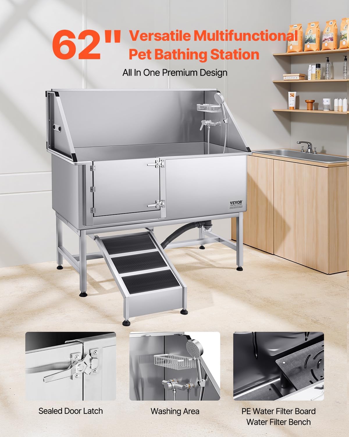 VEVOR Stainless Steel Dog Washing Station, Professional 62 inch Pet Grooming Tub w/Ramp, PE Water Filter Board, Faucet & Showerhead & Soap Holder Bathtub for Large & Medium & Small Pets (Left Door)