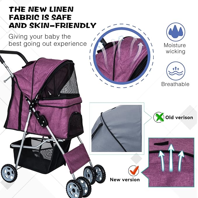 Dog Stroller for Small Dogs,Pet Stroller Strolling Cart 4 Wheels Folding Pet Gear Lightweight Waterproof with Storage Basket for Puppy Small Medium Dogs Cats for Travel,Purple