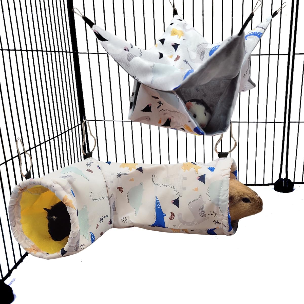 Large Caliber Guinea Pig & Rat Tunnel Hideout & Hammock, Corner Hideout Toy for Guinea Pig, Ferret, Hedgehog & Piggy to Hide and Shuttle (1. Hammock&Tunnel-Dinosaur)