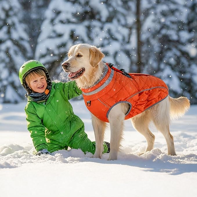 Dog Coat, Warm Dog Winter Coat for Large Dogs, Waterproof Jacket with Harness Built in, Reflective Turtleneck Cold Weather Coats with Zipper,Pet Fleece Vest Snow Jacket, Orange L