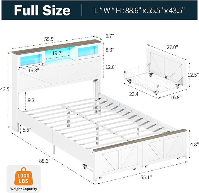 Yoobure Farmhouse Full Size Bed Frame with Headboard, Full Bed Frame with Charging Station & LED Lights, Platform Beds with 2 Storage Drawer, Wood Bedframe, Noise Free, No Box Spring Needed, White