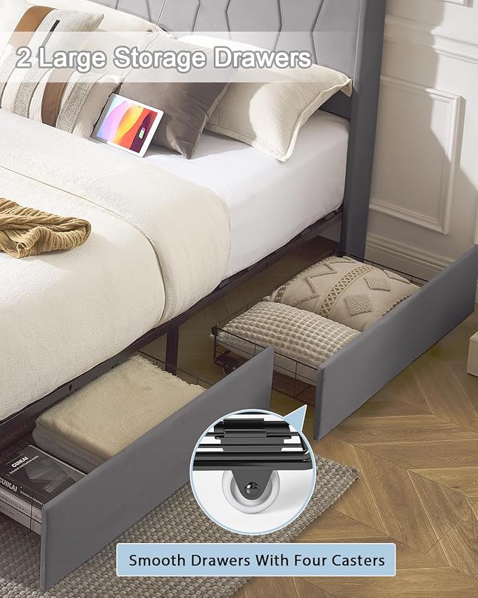 Full Size Bed Frame, Velvet Upholstered LED Platform Bed with Headboard Storage, Bed Frame Full Built-in Charging Station with 4 Drawers, Wood Slat Support, No Box Spring Needed, Grey