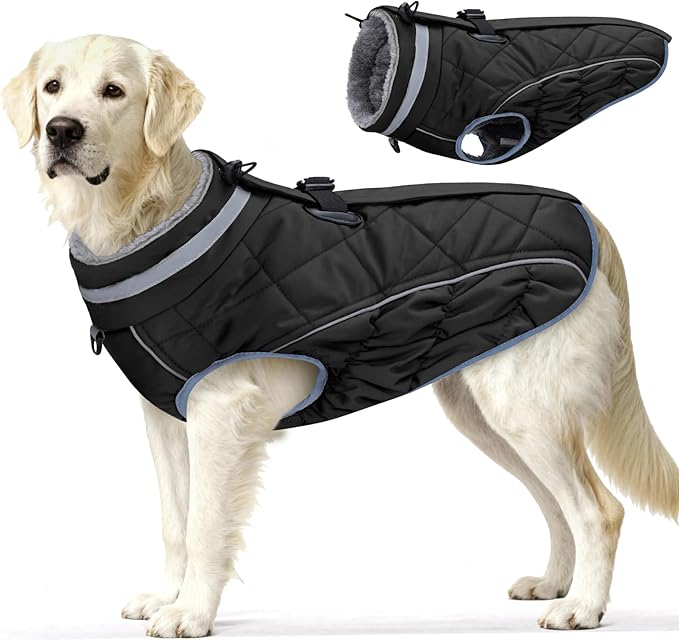 Dog Coat, Warm Dog Winter Coat for Large Dogs, Waterproof Jacket with Harness Built in, Reflective Turtleneck Cold Weather Coats with Zipper,Pet Fleece Vest Snow Jacket, Black L