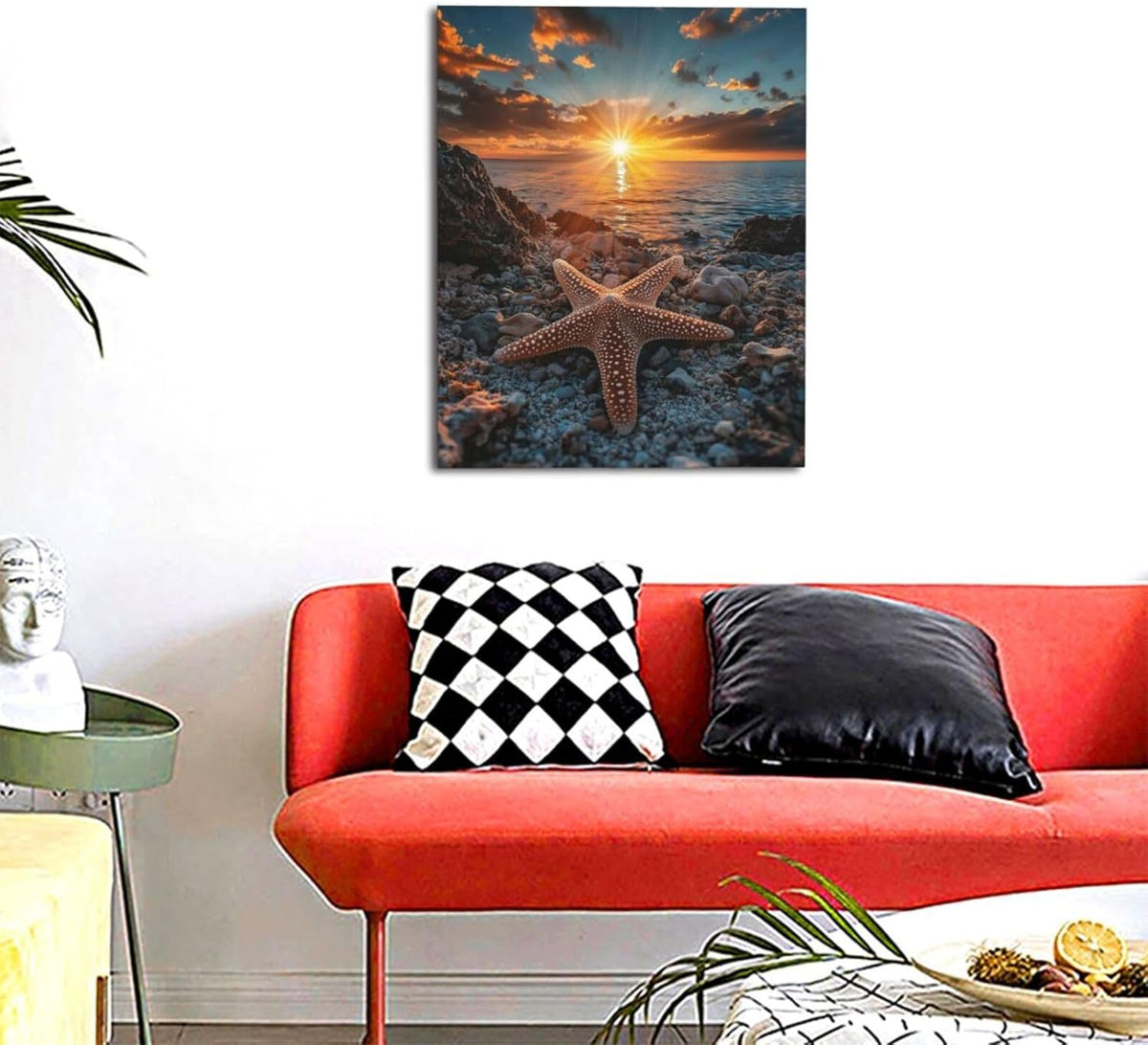 Beach Starfish Wall Decor Ocean Starfish Wall Art Sunset Scenery Coastal Theme Pictures Canvas Nature Seascape Painting Print Framed Artwork Decorations for Home Bathroom Living Room Bedroom Office 16"x20"