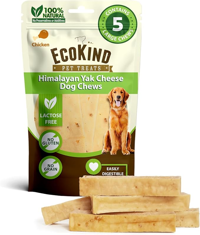 EcoKind Premium Gold Yak Cheese Himalayan Dog Chews, Dog Treats Large Breed, All Natural, High Protein Dog Chew, Chicken, Large - 5 Chews