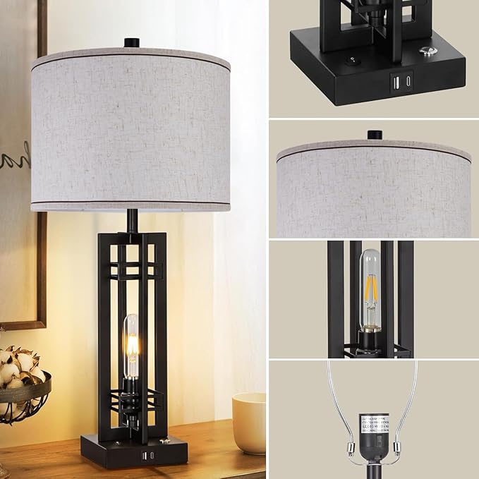 27" Touch Control Farmhouse Table Lamps, Set of 2 Tall Rustic Table Lamps 2-Light Design with USB A+C Ports, Bedside Lamps with Cream Shade for Living Room Home Office, 4 LED Bulbs Included
