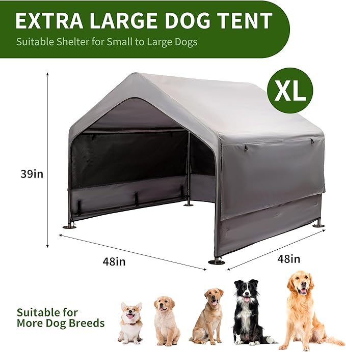 Summertrail Extra Large Dog House Outside, Dog Tent Outdoor, Big Dog Shade Shelter Doghouse Canopy with Three-Sided Breathable Mesh Windows, Gray Sun Rain Cover for Pet Cat Livestock 4'x 4'x 3.3'
