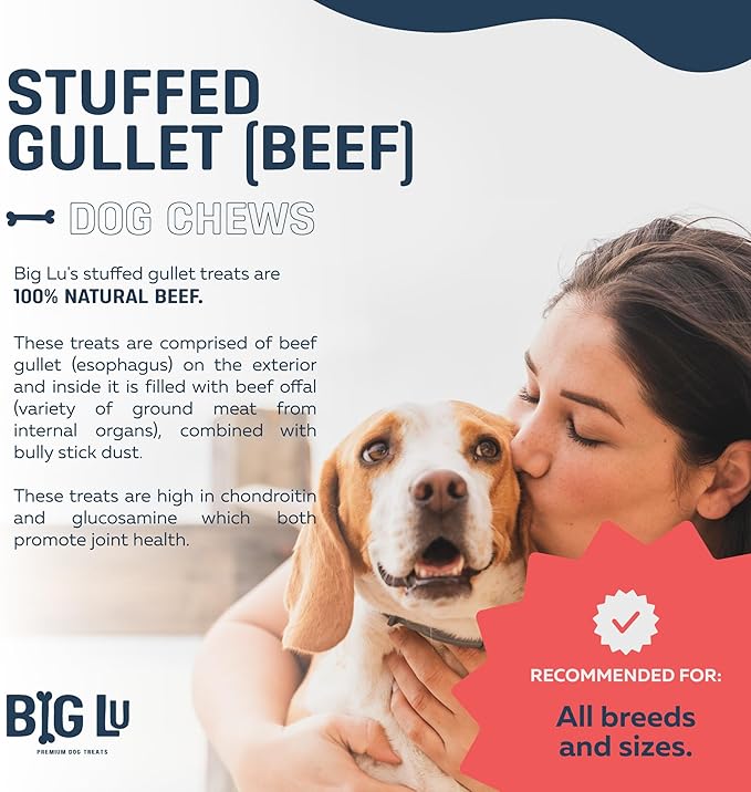 Big Lu - 6-Inch Stuffed Gullet Sticks, 10 Count, Premium Beef Dog Treats, All-Natural, High-Protein, Easily Digestible Chews for Dogs, Supports Dental Health and Joint Mobility