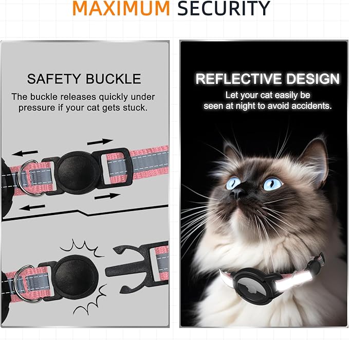 Airtag Cat Collar Breakaway, Odokele Reflective Cats Collars with Apple Air Tag Holder for Kitten, Cat GPS Tracker Adjustable Collars with Safety Quick Release Buckle for Kitties and Puppies - Pink