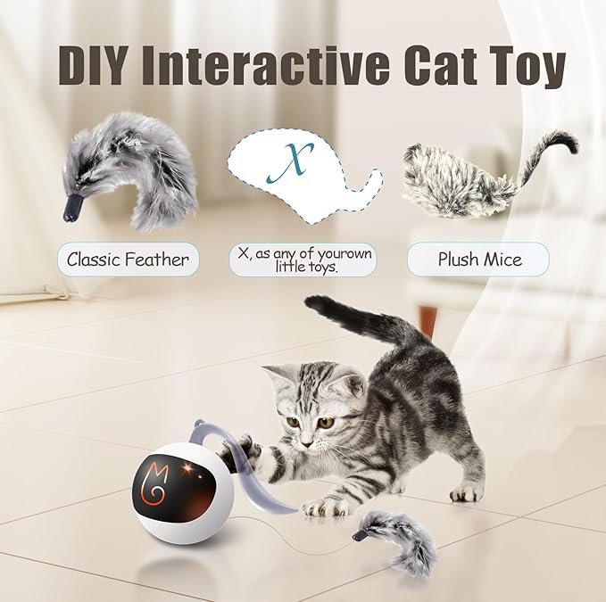 Migipaws Interactive Cat Ball Toy Set, Fun Tracker, Automatic Rolling Chase Ball with Fluffy Tail, A Small Mice, Rechargeable (White)