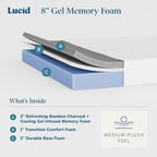 Lucid 8 Inch Memory Foam Mattress - Medium Plush Feel - Infused with Refreshing Bamboo Charcoal and Cooling Gel - Bed in a Box - Temperature Regulating - Pressure Relief - Breathable - Full Size