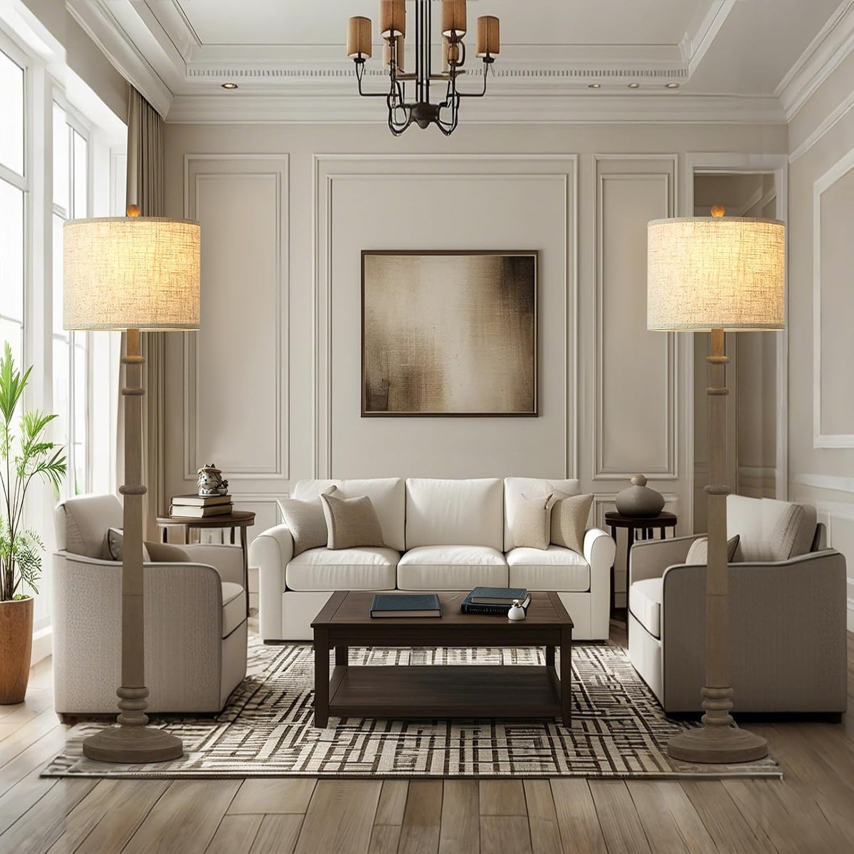 Floor Lamps for Living Room - 60" Resin Farmhouse Floor Lamp with 3 Color Temperatures - Vintage Standing Lamp Reading Light with Linen Shade Retro Tall Lamp for Bedroom Office, Grey