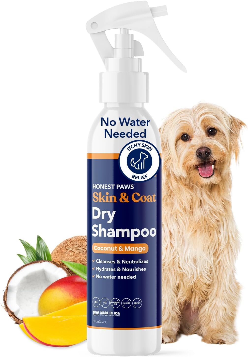 Honest Paws Dog Dry Shampoo - Waterless No Rinse Spray Formula Reducing Itch Cleanse Hydrate Nourish Dry Skin and Smelly Coat Help Decrease Odor Shedding and Allergies - Coconut & Mango - 8 oz