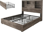 AMERLIFE Queen Size Bed Frame Wooden Platform Bed with 51.2" LED Storage Bookcase Headboard, 4 Storage Drawers & Charging Station/No Box Spring Needed/Noise Free/Rustic Grey