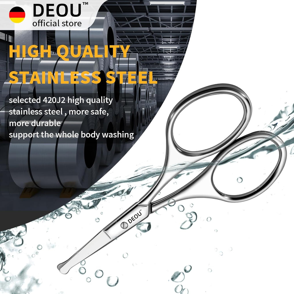 DEOU Silver Stainless Steel Round Nose Safety Scissors - Compact Facial Hair Trimming Tool for Men's Nose, Eyelashes, Eyebrows, Beard & Pet Grooming