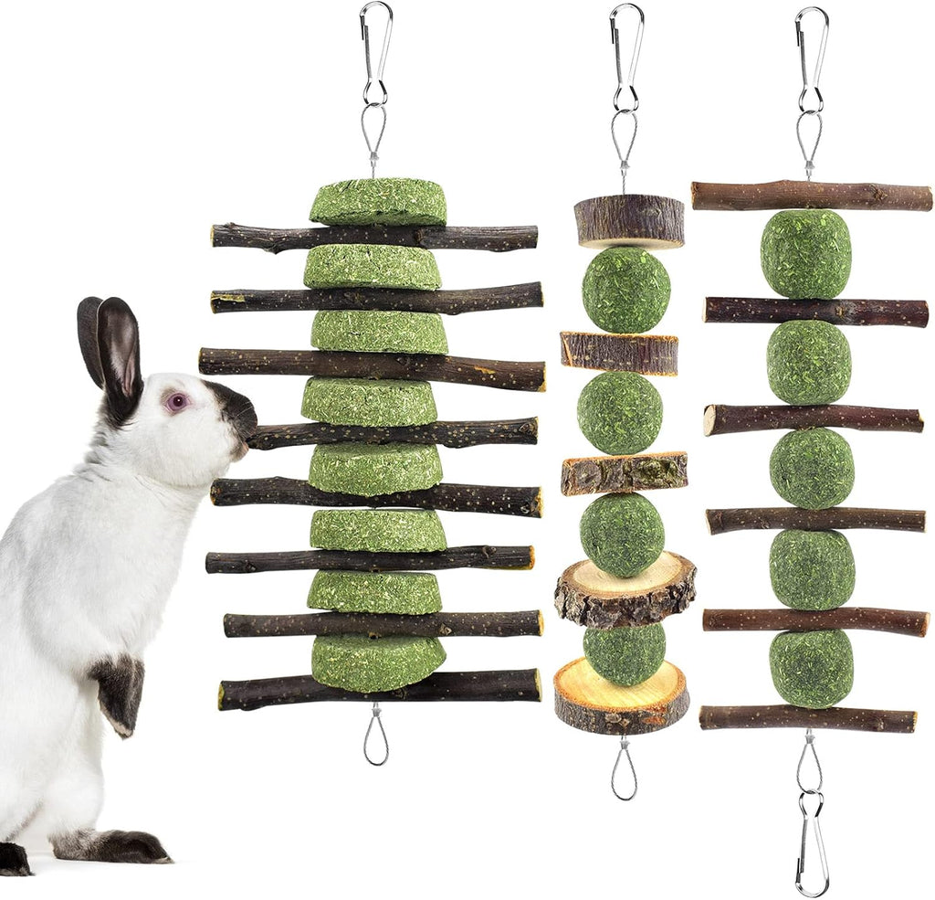 ERKOON Bunny Chew Toys, Rabbit Chew Toys for Teeth Grinding, Improve Dental Health, 100% Natural Apple Wood Timothy Grass Cake Treats for Rabbits Guinea Pigs Chinchillas Bunnies Hamsters (3 Pcs)