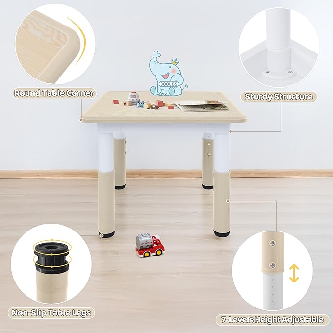 Toddler Table, 7 Level Height Adjustable Kids Play Furniture for Ages 3-8, Rectangular Plastic, 23.6" W x23.6 L, Multi-Activity Desk with Graffiti Desktop for Home & Daycare