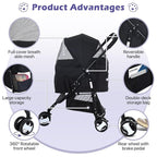 3-in-1 Folding Pet Stroller for Medium Small Dogs & Cats - 3 Wheels, Lightweight Travel Stroller with Detachable Carrier, Black