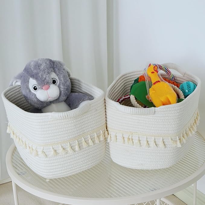 TeoKJ White Cotton Rope Baskets for Storage, Set of 3 Woven Clothes Basket for Organizing and Storage, Blanket Basket for Living Room Laundry Bathroom Shelves