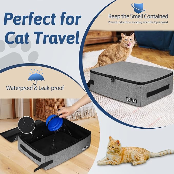Petskd Portable Cat Travel Litter Box with Lid and 10 pcs Disposable Liner Bags, Leak-Proof and Collapsible, Cat Travel Essentials for Car, Hotel, Airplane and Other Outdoor Use(Grey)