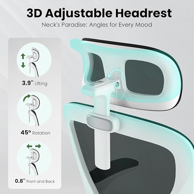 Soohow Office Chair, Ergonomic Office Mesh Desk Chair with Adjustable Back Support, High Back Comfy Computer Swivel Chair with Headrest, Lumbar Support for Study Room, Gaming and Office, White Black