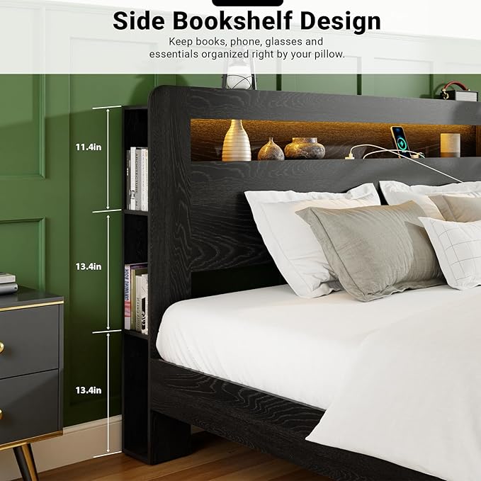 King Bed Frame with Headboard, Wooden Platform Bed Frame King Size with Bookcase Shelf, LED Lights, Charging Station, Heavy Duty Supports, No Box Spring Needed,Dark Black