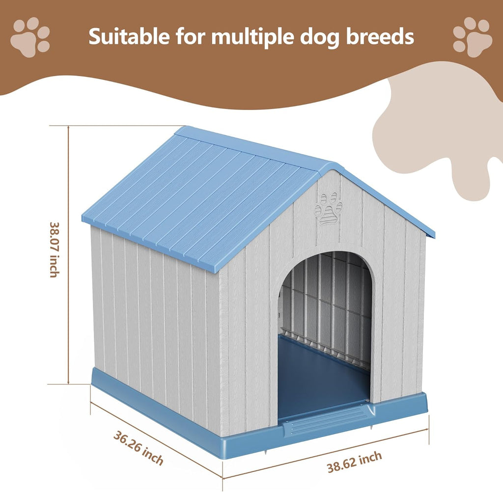 DRATO Indoor Outdoor Waterproof Dog House,PP Material,Puppy Shelter with Air Vents and Elevated Floor,Sturdy Dog Kennel for Small to Large Sized Dogs, Easy to Assemble (Blue, 38.62×36.26×38.07 Inches)