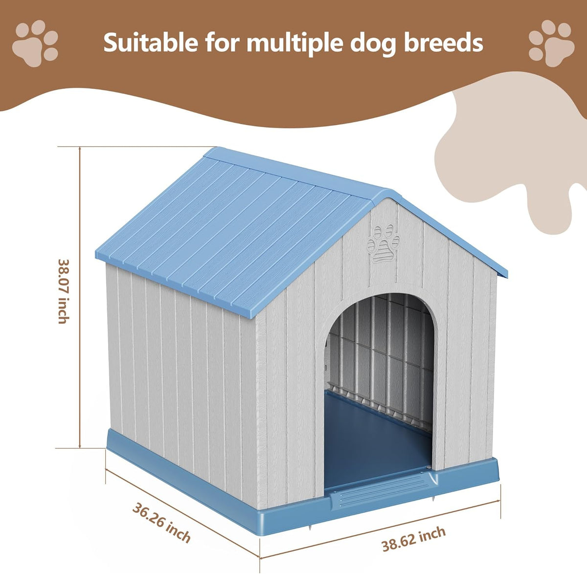 DRATO Indoor Outdoor Waterproof Dog House,PP Material,Puppy Shelter with Air Vents and Elevated Floor,Sturdy Dog Kennel for Small to Large Sized Dogs, Easy to Assemble (Blue, 38.62×36.26×38.07 Inches)