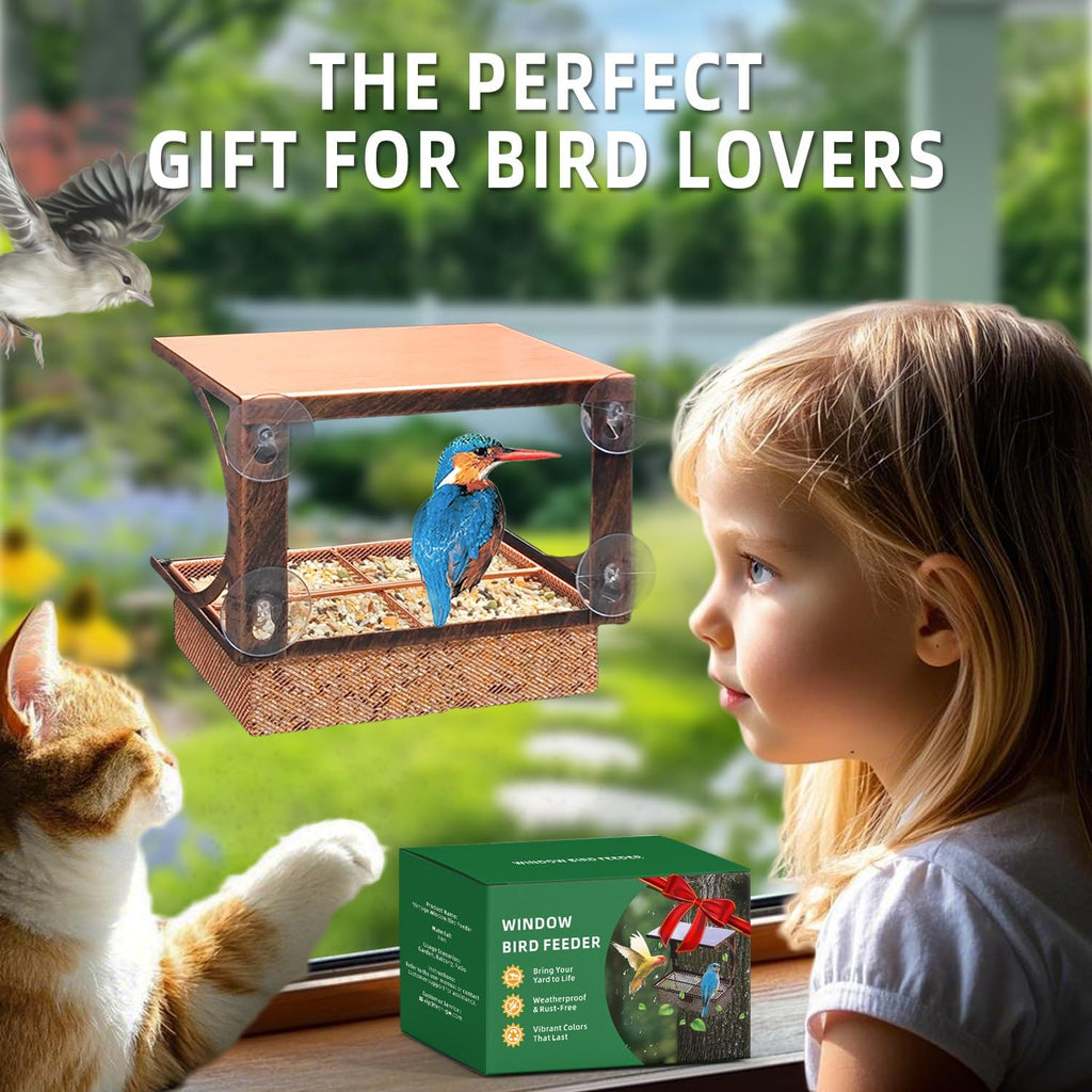 Window Bird Feeder with Strong Suction Cups, Metal Bird Feeders for Outdoors Birdwatching Gifts for Cats & Nature Lovers