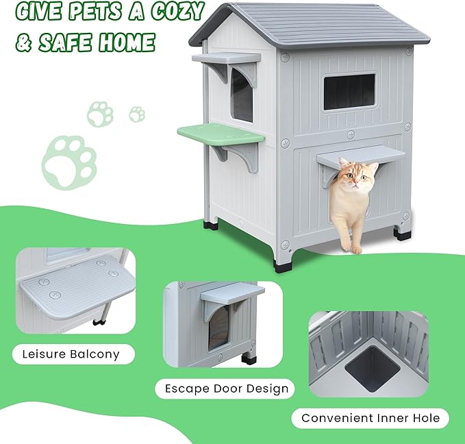 Plastic Outdoor Cat House with Escape Door, Waterproof 2 Story Outdoor Houses for Feral Cats Outside Cat Shelter, Spacious, Clean and Assemble Easily