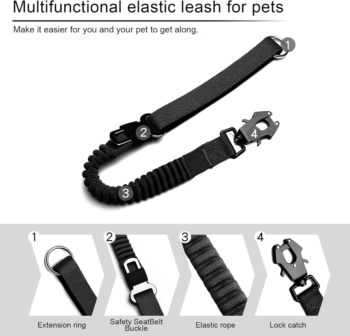 20” Strong Short Leash for Dog, Heavy Duty Bungee Dogs Leash with Padded Handle Car Seatbelt, Small Dog Training Leashs for Large or Medium Dogs - Can be Used with Other leashes (Black)