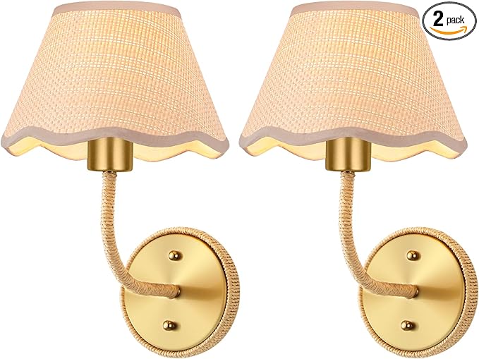 Boho Hand Woven Rattan Wall Sconces Set of Two Gold Rustic Wall Lamp Hardwire Brass Farmhouse Wall Mount Lights for Bedroom Living Room Hallway Vanity