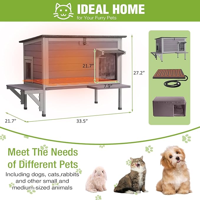 GUTINNEEN Heated Cat House for Outside Insulated Cat House Outdoor Weatherproof Feral Cat Shelter with Heated Pad, All-Round Thermal Liner, Secure Escape Doors for Cats (Winter-Ready)