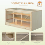 PawHut 45" Extra Large Wooden Hamster Cage, 3-Layer Chewproof Rat Cage with Opening Roof, Hut, Ramps, for Gerbil, Dwarf & Syrian Hamsters, Natural