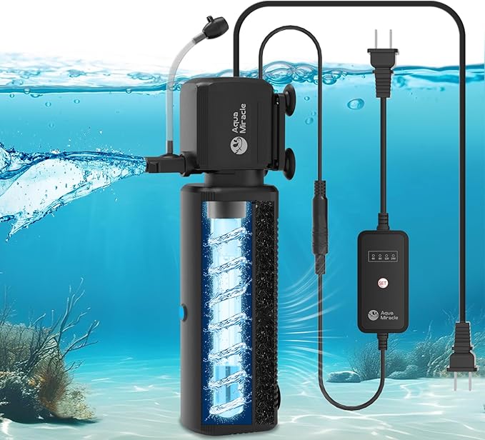 AquaMiracle Aquarium Filter with U - V Light & Filter Sponge, Fish Tank Filter with Timer for Green Water, Turtle Filter with Aeration & Rainfall Mode for Aquarium 20-70 Gallon