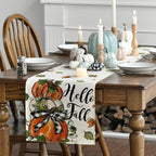 Artoid Mode Pumpkins Bowknot Maple Leaf 210 GSM Fall Table Runner, Seasonal Autumn Kitchen Dining Table Decoration for Home Party Decor 13x90 Inch