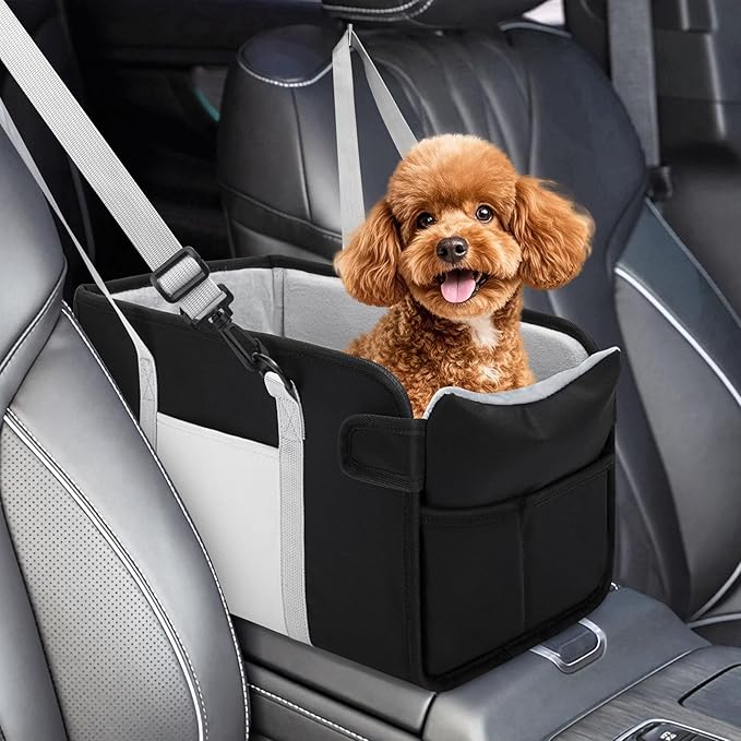 Portable Dog Car Seat for Small Dogs, Booster Seat with Safety Leash & Washable Cushion, Pet Car Seat with Adjustable Straps for Travel - Black&White